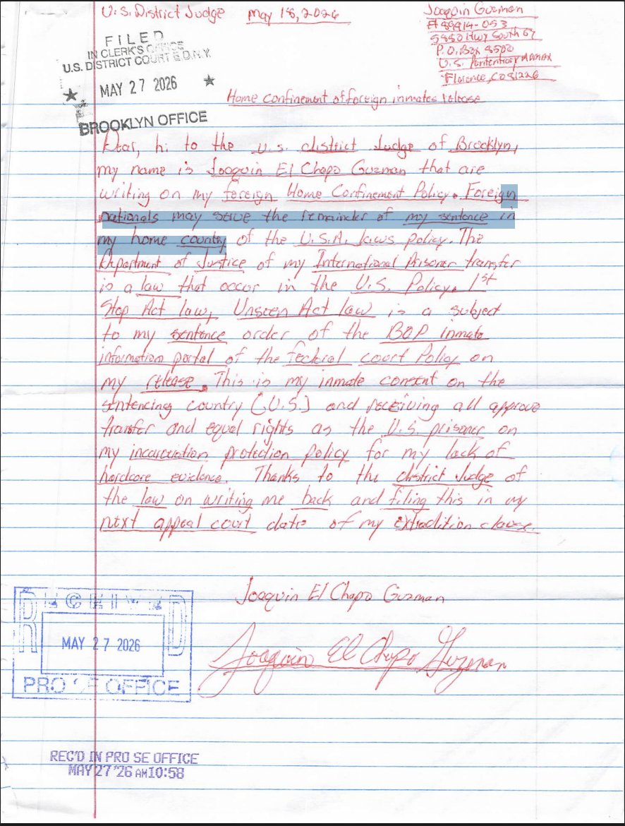 AngelenHD's tweet photo. El #Chapo está presentando cartas en inglés a un ritmo brutal. Desde el 17 de abril a este 27 de mayo, ha logrado 13 cartas. Recién presentó dos más, y en una de ellas, alude a preocupaciones por su salud. Más que escritos a un juez, parecen mensajes a la opinión pública, desde una de las prisiones más duras del mundo, la Supermax de Colorado.