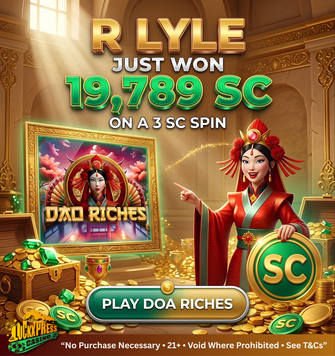 Luck_xpress's tweet photo. BIG WIN ALERT 🚨

Another massive win has just landed at LuckXpress 💰🔥

🎉 R Lyle won an incredible 19,789 SC on just a 3 SC spin while playing Dao Riches 👀

Sometimes all it takes is one spin to change the entire session 🎯

✨ Huge congratulations to our lucky player!
Who’s trying Dao Riches next? 👀👇

💬 Drop a 🔥 if you think you could be our next big winner.

This content is not sponsored, endorsed, or administered by Facebook.

21+ Only • No Purchase Necessary • Void Where Prohibited • See Sweepstakes Rules & T&Cs

#BigWins #luckxpress #playforfree #sweepstakes #nopurchasenecessary