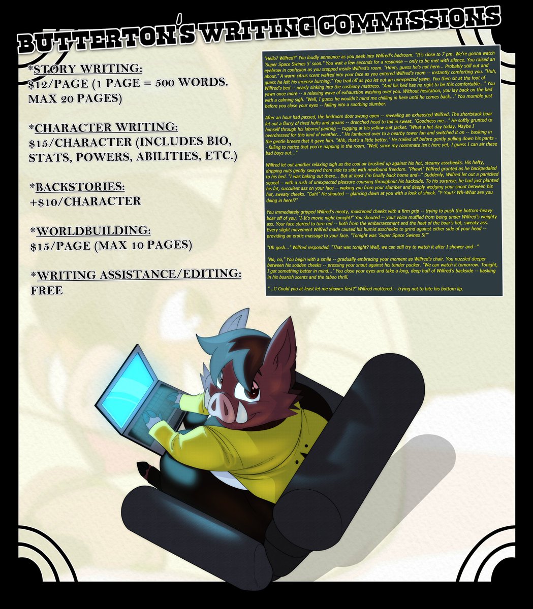 DrHaminson's tweet photo. I'll also be opening Emergency Coms. I know times are very tough for people, so I will be doing a "Boywife Drive" where any stories featuring Boywife Butterton (or boywives in general) will be discounted to 

$10 per page (500 words) https://t.co/i0HZVGjRyT