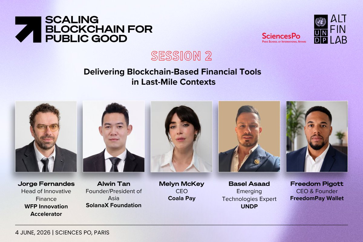 UNDP_AltFinLab's tweet photo. ✨ On June 4 at @sciencespo, the conversation will move from responsible adoption in public systems to delivery in places where financial access remains hardest. 
 
Session 2 of #ScalingBlockchainForPublicGood will focus on blockchain-based financial tools in last-mile contexts, drawing on practical deployment experience in hashtag#Haiti and hashtag#Kenya and examining what responsible implementation requires when conventional financial infrastructure is limited or compromised. 
 
🌟 Moderated by @AdaVaughan of the @StellarOrg, the discussion will bring together practitioners working on innovative finance and field-facing delivery: 
🔹 Jorge Fernandes, @WFPInnovation  
🔹 Bassel ASSAAD, @UNDP 
🔹 @MelynMcKay, @coalapay  
🔹 Alwin Tan Hee Nam, @Solanaxorg 
🔹 Freedom Pigott, @FreedomPayWalet 
 
Register to attend 👇 
https://t.co/D3eewQjCBy