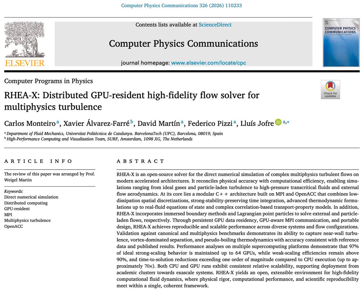 FluidMechLJC's tweet photo. 🚨 The Multiscale Fluid Mechanics Lab is proud to share the publication of "RHEA-X: Distributed GPU-resident high-fidelity flow solver for multiphysics turbulence": https://t.co/0IQJZoql4E @EEBE_UPC
 @BiblioEEBE @la_UPC @DoctoratUPC https://t.co/5BNPUPBxfv