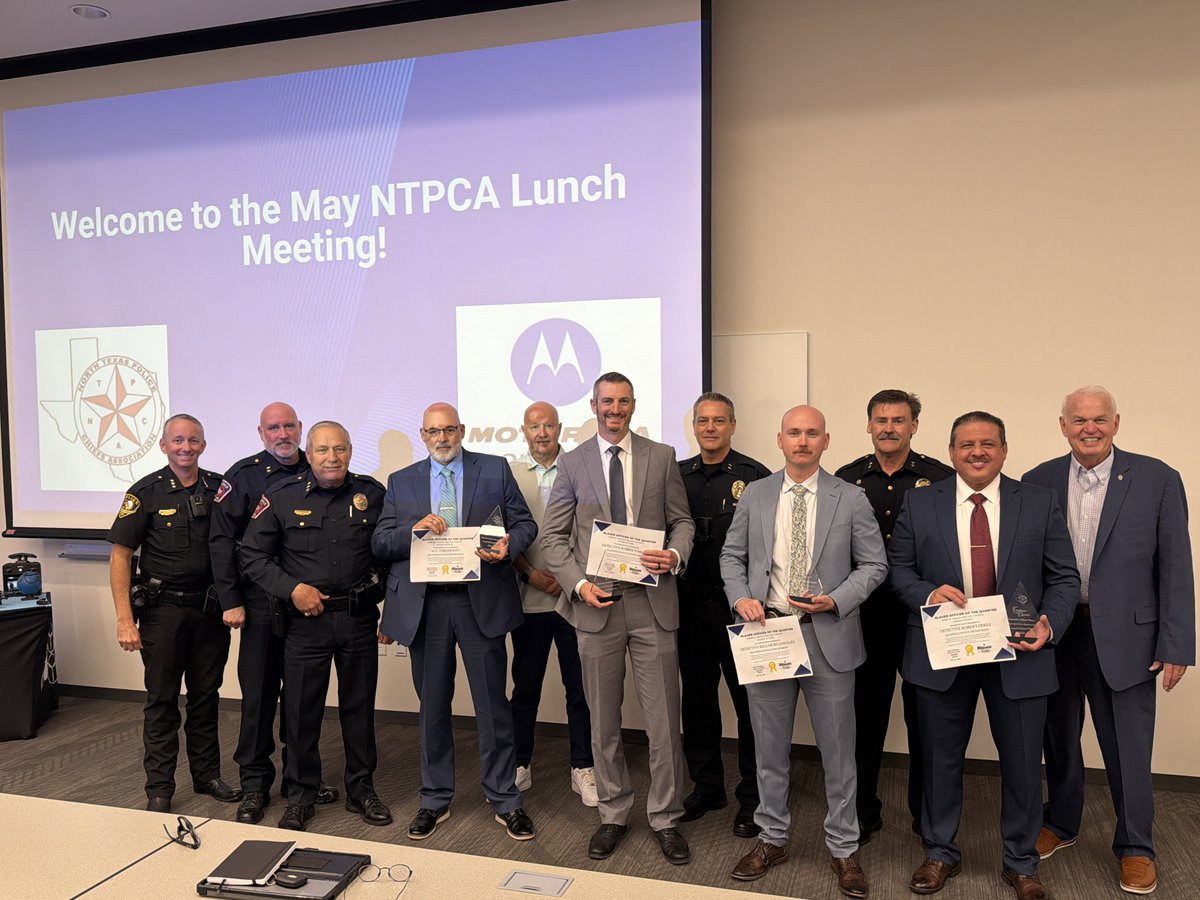 cooktx's tweet photo. We had a great monthly luncheon at the North Texas Police Chiefs Association with Chief Steve Dye in @Allen_Police hosting the meeting. 1st Vice President @MidlothianPD Carl Smith managed the meeting for President @HaltomCityPD Cody Phillips.

@MansfieldPDTX Police Chief Tracy Aaron and Assistant Chief Jason Turpinat recognized four of their detectives after being selected to receive the NTPCA Officer of the Quarter awards. These detectives responded to a suspicious death call, where a four-year old child was also abducted from the home. With their incredible work and speed, the suspect was apprehended quickly in Missouri through mutual cooperation and coordination with local and state agencies. Outstanding work!