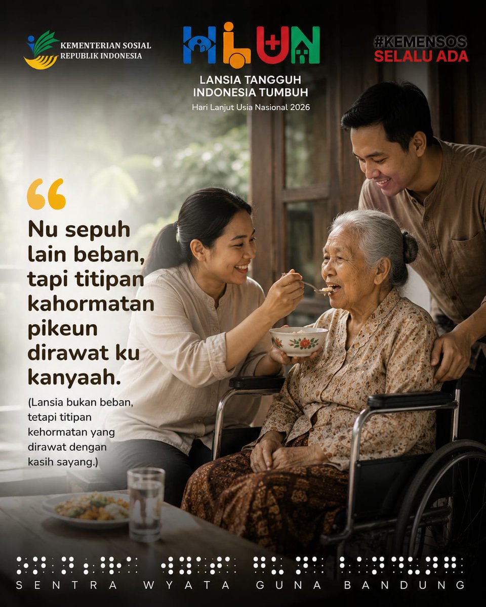 SentraWyataGuna's tweet photo. “Lansia Tangguh, Indonesia Tumbuh.” 

“Sepuh téh lain beban, tapi cahaya kahirupan nu pinuh ku pangalaman.” (Lansia bukan beban, melainkan cahaya kehidupan yang penuh pengalaman.)

Mari hormati, sayangi, dan dukung lansia agar tetap sehat, aktif, dan bermartabat.

#HLUN2026 https://t.co/tAMR9xUYeb