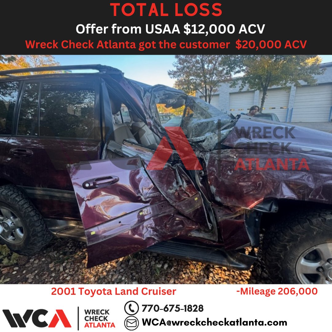WreckCheckAtl's tweet photo. 🚙 2001 Toyota Land Cruiser | 206K Miles
USAA offered only $12,000 for this total loss claim. Once Wreck Check Atlanta stepped in, we secured over $20,000 + taxes &amp; fees 💰 That’s more than an $8,000 increase! Don’t settle for less. #TotalLoss #WreckCheckAtlanta https://t.co/e6UHEH89MZ