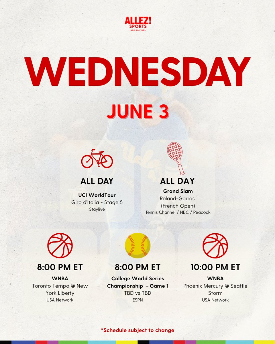 AllezSports's tweet photo. What to watch in women's sports this week 📺🔥 (2/2)

#WomensSports #WCWS #FrenchOpen https://t.co/1GvfxTbtVB