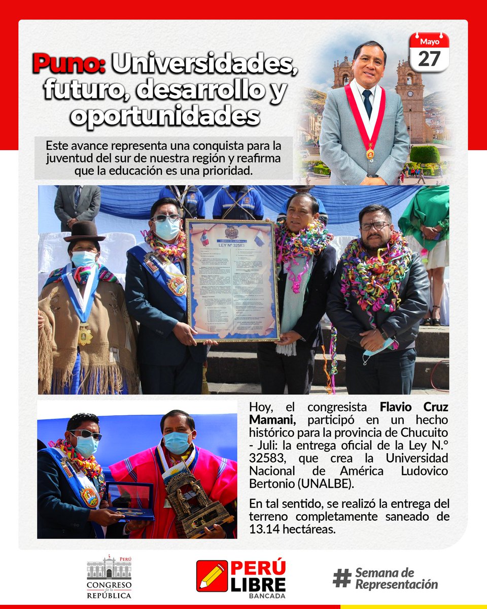 GP_PeruLibre's tweet photo. #SemanaDeRepresentación 🇵🇪 | ✊🏽🎓Hoy, en su tercer día de representación, el congresista @flaviocruzperu participó en un hecho histórico para la provincia de Chucuito - Juli: la entrega oficial de la Ley N.° 32583, que crea la Universidad Nacional de América Ludovico Bertonio. https://t.co/K6RSFrm3Lt
