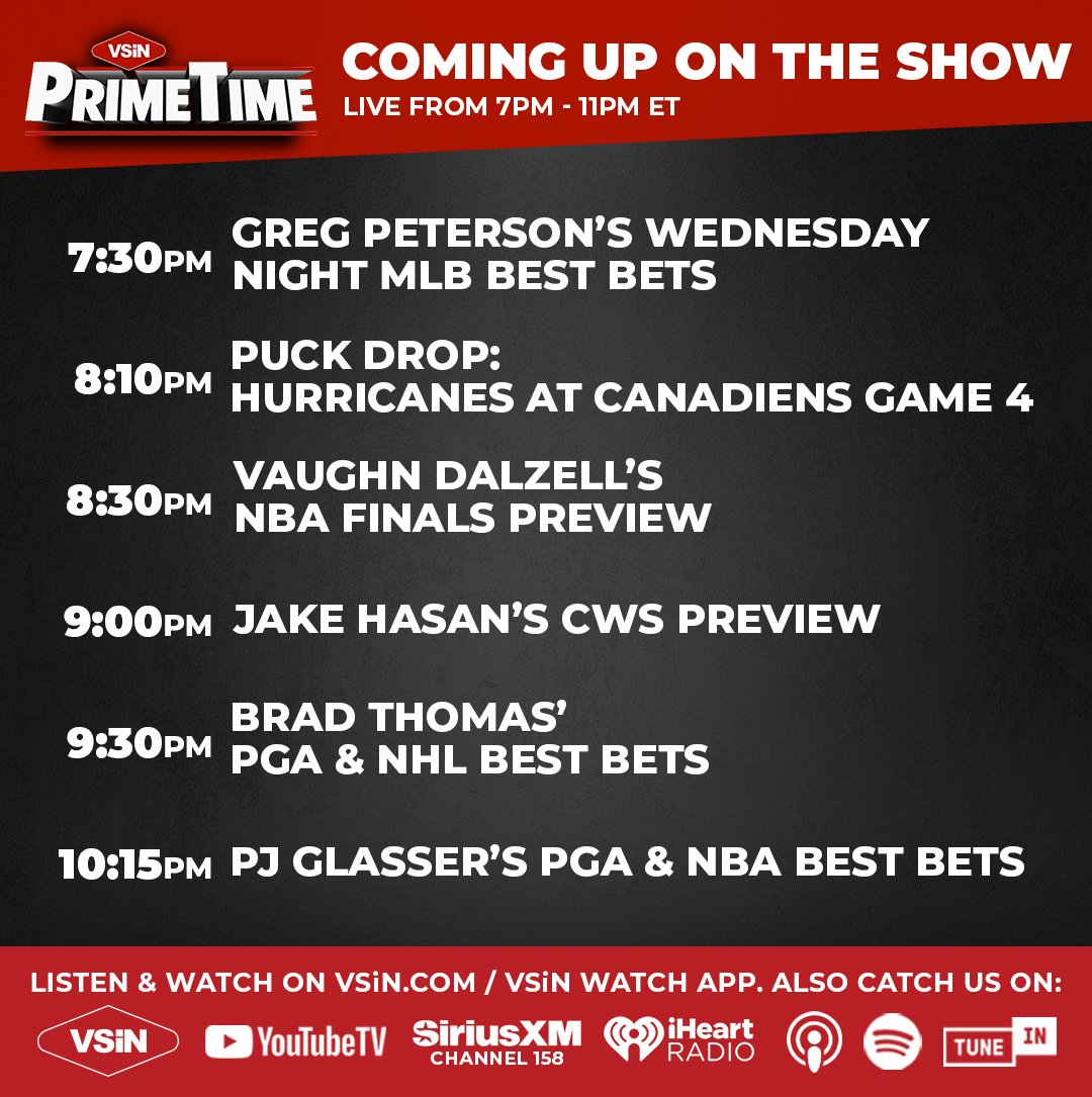 VSiNLive's tweet photo. Busy night on VSiN PrimeTime with @FemiAbebefe & @NotTheeWillHill. Can Montreal tie the series at 2 before heading back to Carolina? Plus, looking ahead to the NBA Finals, road to the CWS & this weekend's PGA best bets. 

On the show🎙️ @GUnit_81, @VmoneySports, @MrBradThomas, @TheJakeHasan, @PJGlasser9 

📷 Watch & Listen: https://t.co/fe7rDCtfUI
