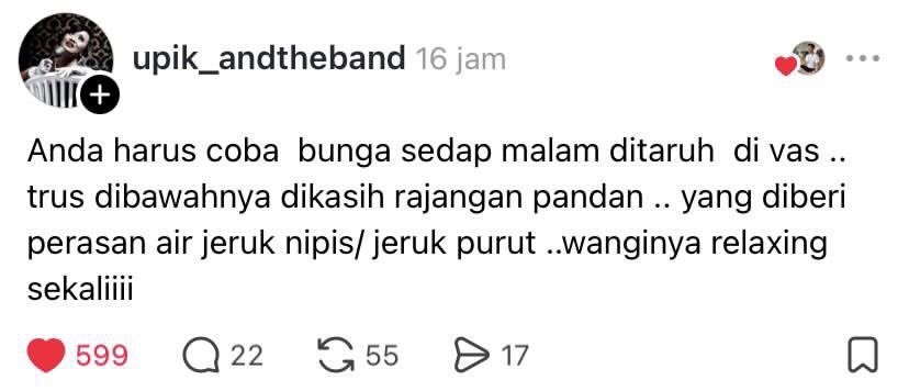 nadaeladela's tweet photo. PLEASE INI KENAPA BARU VIRAL SEKARANG😭 

Aku kira bunga sedap malam cuma buat pajangan… ternyata kalau dipadu pandan &amp; jeruk, wanginya bisa bikin satu rumah calming banget kayak hotel atau spa mahal 🥹✨ https://t.co/Yz7ikFCQCS