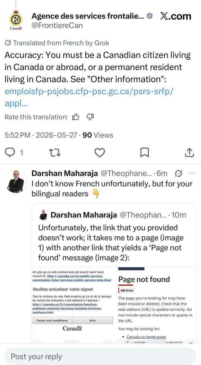 TheophanesRex's tweet photo. I guess I should be happy that a government department (CBSA in this case) responded to my post in a matter of hours - that too in both the official languages.

Unfortunately, they supplied a link that doesn’t work 🙁😞

@CanBorder https://t.co/Meo7tq3wXU