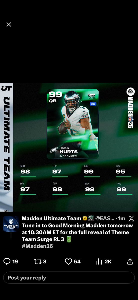 ZeiMobucks's tweet photo. *Granted I begged for a Updated Jalen Hurts card

BUT WTF IS THIS🤮🤦🏽‍♂️🤮
Disrespectful is an understatement 💯💯💯
He meets ZERO thresholds for ANY of the good QB abilities SMH 
@Moshimadden this has to be a joke right????? https://t.co/XcZ8ipDVbw