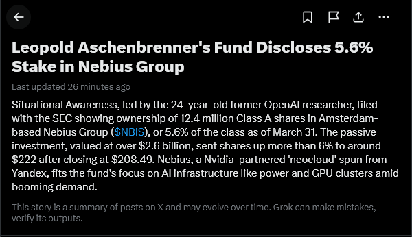 jncquant's tweet photo. LEOPOLD ASCHENBRENNER JUST CALLED A BRAND NEW STOCK TODAY AND IT'S UP 15% ($70) IN AN HOUR

THAT'S HIGHER THAN ANY OTHER STOCK ANNOUCEMENT BEFORE

Literally EVERYBODY is gonna be talking about this, it's already trending on x:
https://t.co/yEKo8pBe3M https://t.co/TiNhplQQhs