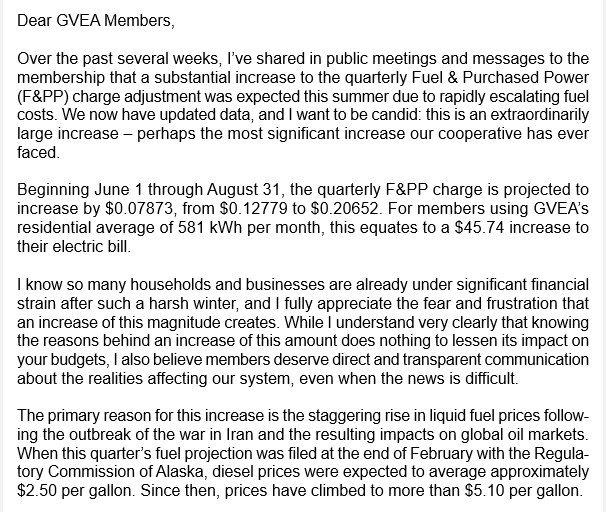 alaskalandmine's tweet photo. Damn. Golden Valley Electric Association's rates are increasing by 61% due to higher fuel costs. According to the email, it will hit the average customer around $550/year. https://t.co/3VohibY0ot