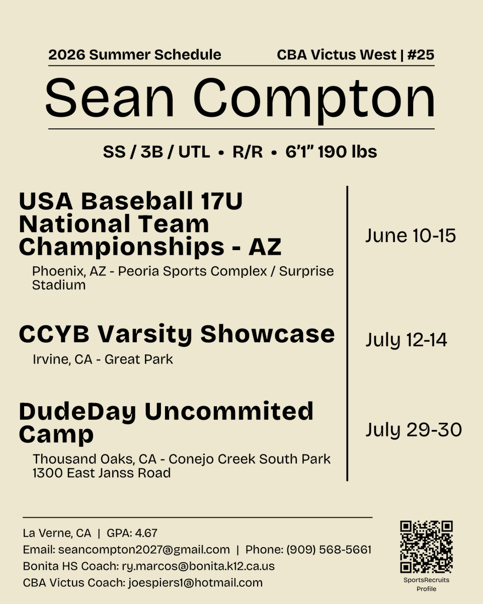 seancompton2027's tweet photo. Excited to compete this summer with CBA Victus West and continue developing against high-level competition.

Summer schedule below.

2027 SS/UTL | 6'0" 190 | 4.67 GPA

Junior year highlights:
https://t.co/Fi4I9GRgO6

@CBABulldogsUSA 
@Bonita_Baseball https://t.co/d5pwkkBAhS
