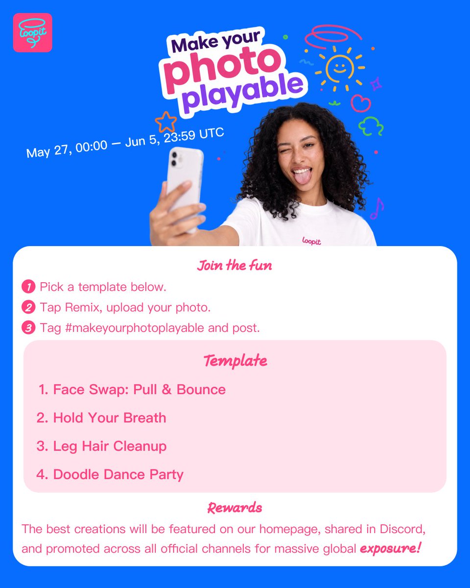 LoopitAi's tweet photo. 📌 in-app challenge 

your camera roll has one photo doing nothing. 
pick a template now on loopit.
upload your face. post it. get featured globally. yes, you!

tag #makeyourphotoplayable — ends jun 5. 🔁 https://t.co/R4rpeWcoLo