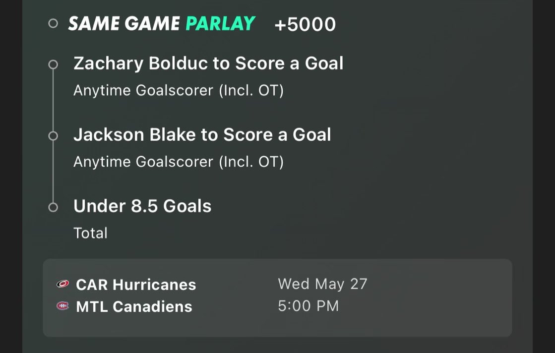 BetsWithBando's tweet photo. 🏒 #NHL CAR @ MTL SGP w/ 50% BOOST + GOALS LOTTO 🏒

Bolduc / Blake + u8.5 (+5000)

sgp w/ boost (+3400)

One shot separated us from cashing last game, not happening again… 🤝

#NHLPicks https://t.co/DnlxwncxiJ