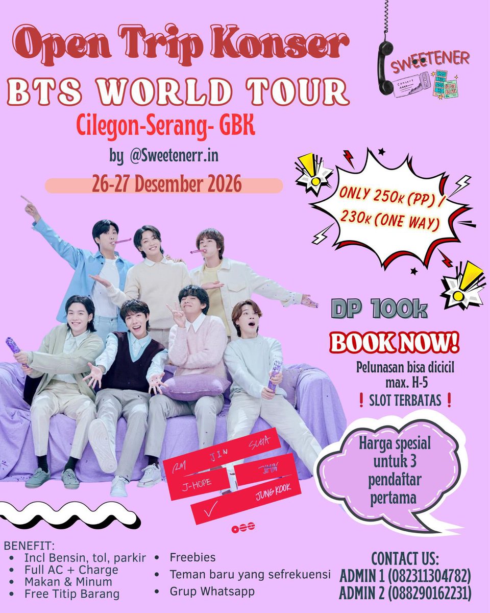 prettyjunwon131's tweet photo. Hi Armyy💜
Aku open trip Serang Cilegon untuk konser BTS WORLD Tour Jakarta! 

📍Gelora Bung Karno (GBK) 
📅 Sabtu &amp; Minggu, 26 &amp; 27 Desember 2026 

💵Only 250K (PP) | 230k (One way)
✨ Bookslot : 100k
✨ Pelunasan bisa dicicil, max. H-5

BOOK SLOT NOW!!! https://t.co/QLYVaPTcuz