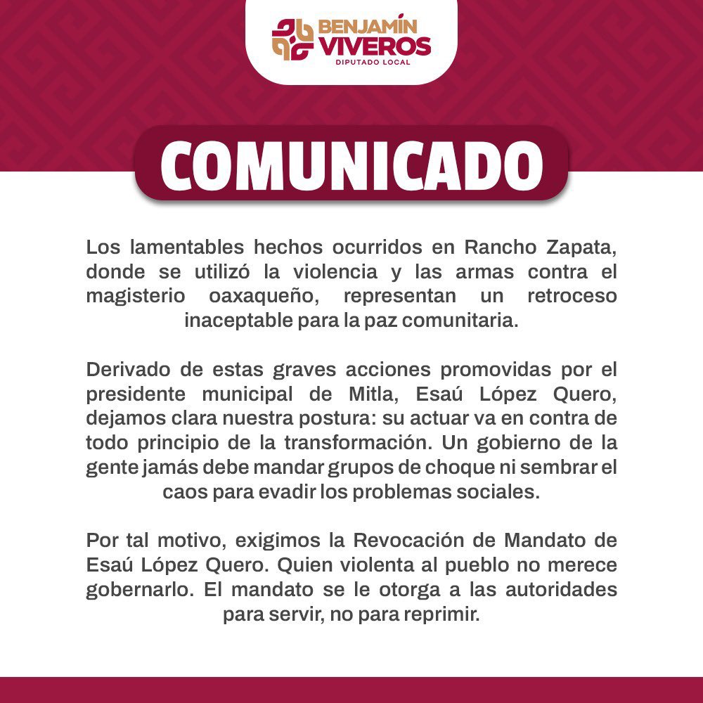 ZonaRoja_Oaxaca's tweet photo. #AlMomento 
El diputado por Morena, @BenjaViverosOax -ex presidente de la Junta de Coordinación Política del @CongresoOaxaca_- pide revocación de mandato del edil de la Villa de Mitla, Esaú López Quero, tras la agresión al magisterio oaxaqueño. https://t.co/CR3wC0VJsE