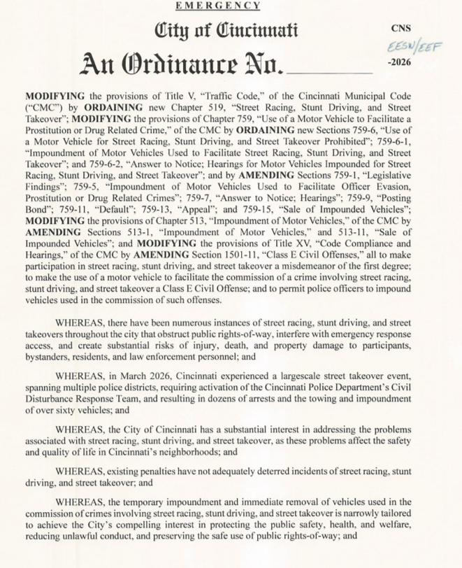 jeffreysms's tweet photo. Street takeovers are disruptive to neighbors, get people killed &amp; must be stopped.

Tomorrow, I will introduce an ordinance that will put a stop to them in Cincinnati. It means
- Impounding a car for 6 months;
- Fines of $1,250 for the first offense; $2,500 for the second offense https://t.co/2z6Opfpqea