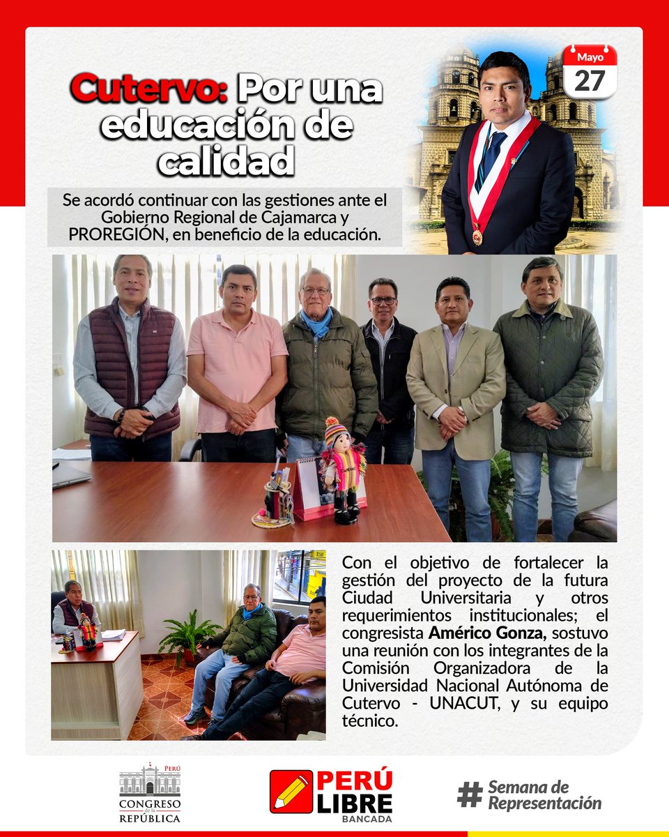 GP_PeruLibre's tweet photo. #SemanaDeRepresentación 🇵🇪 |📚A fin de fortalecer la gestión del proyecto de la futura ciudad universitaria y otros requerimientos; el congresista @GonzaAmerico, se reunió con los integrantes de la Comisión Organizadora de la Universidad Nacional Autónoma de Cutervo - UNACUT. https://t.co/QSoQmE64Fw