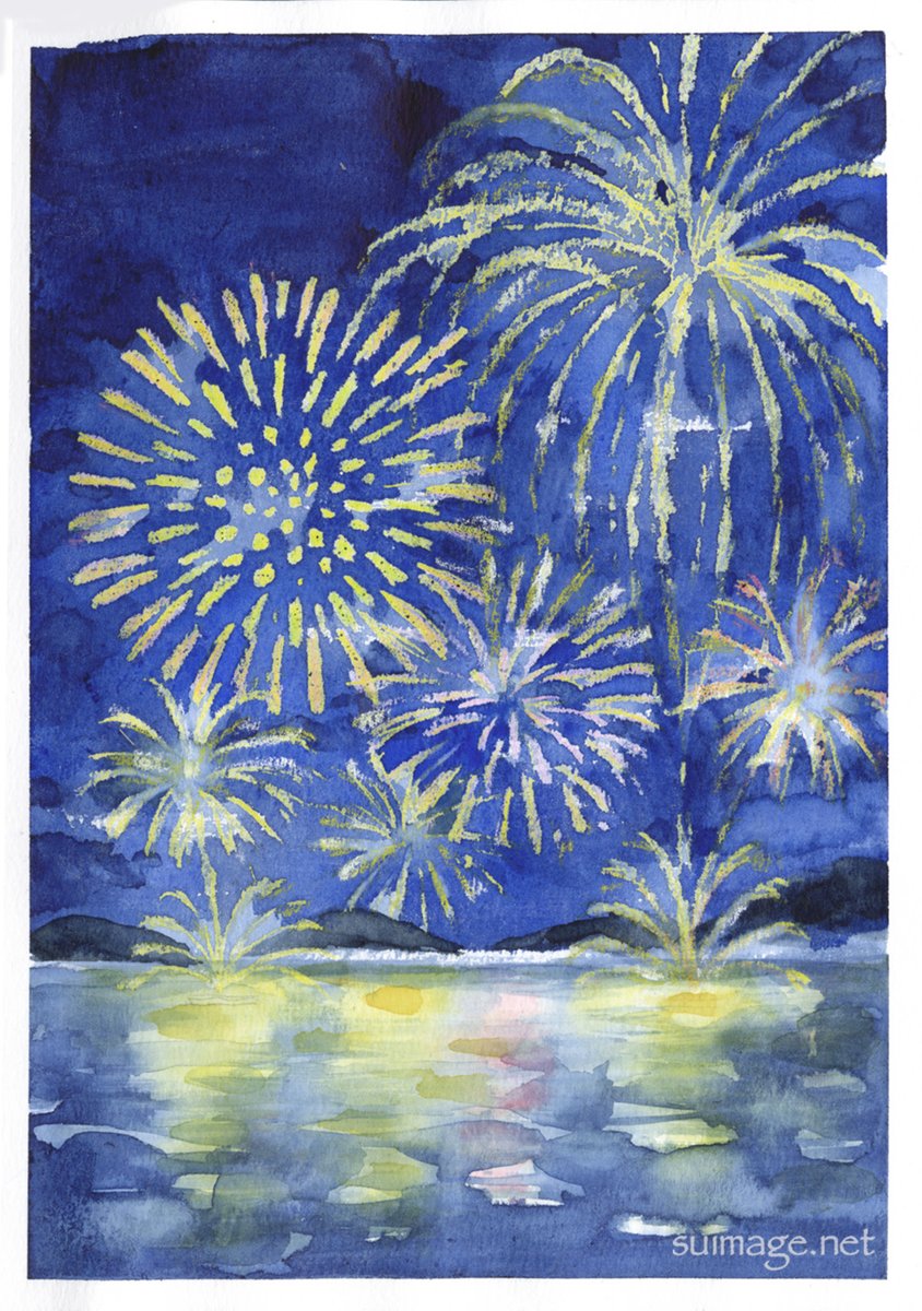 suimage_net's tweet photo. #花火の日 🎆
以前マルマン社さんのPRで描いた海上花火のイラストです。

油性の画材は水彩絵の具をはじくのでは？とクレヨンやパステルなど色々ためしましたが、子供用クーピーが一番効いたのが意外でした。

季節の仕事お待ちしています！

#イラスト #カレンダーイラスト https://t.co/R2baKKZvUi