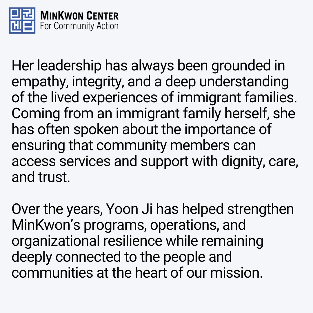 MinKwonCenter's tweet photo. Dear MinKwon Community, we are excited to announce that Yoon Ji Kim has been appointed as the new Executive Director of the MinKwon Center for Community Action, effective June 1, 2026. https://t.co/ZacKx3Tf9q