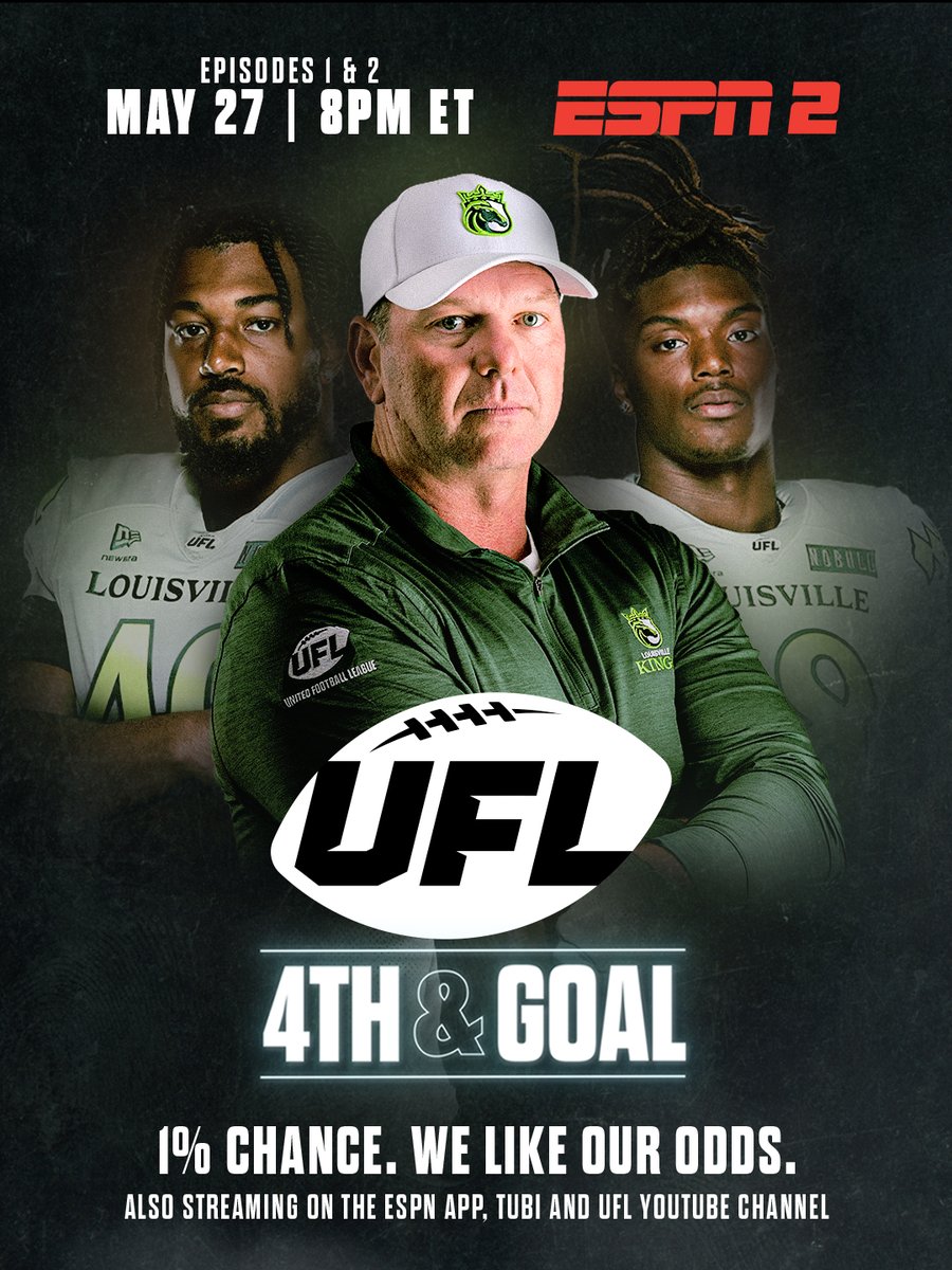 UFLKings's tweet photo. PREMIERING IN 30 MINUTES!

Go behind the scenes with the Kings in Episodes 1 &amp; 2 of 4th &amp; Goal, premiering tonight at 8PM ET on ESPN2! 📺 https://t.co/Bwo30oSGMP
