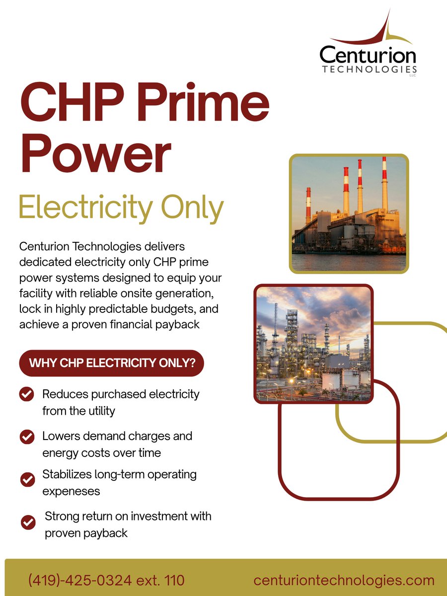 CenturionTecLLC's tweet photo. Centurion Technologies delivers electricity-only CHP prime power systems that lower energy costs, improve reliability, and provide long-term budget stability through onsite generation. Learn More: https://t.co/Cl59sfyFEj https://t.co/lUpv50GhPh