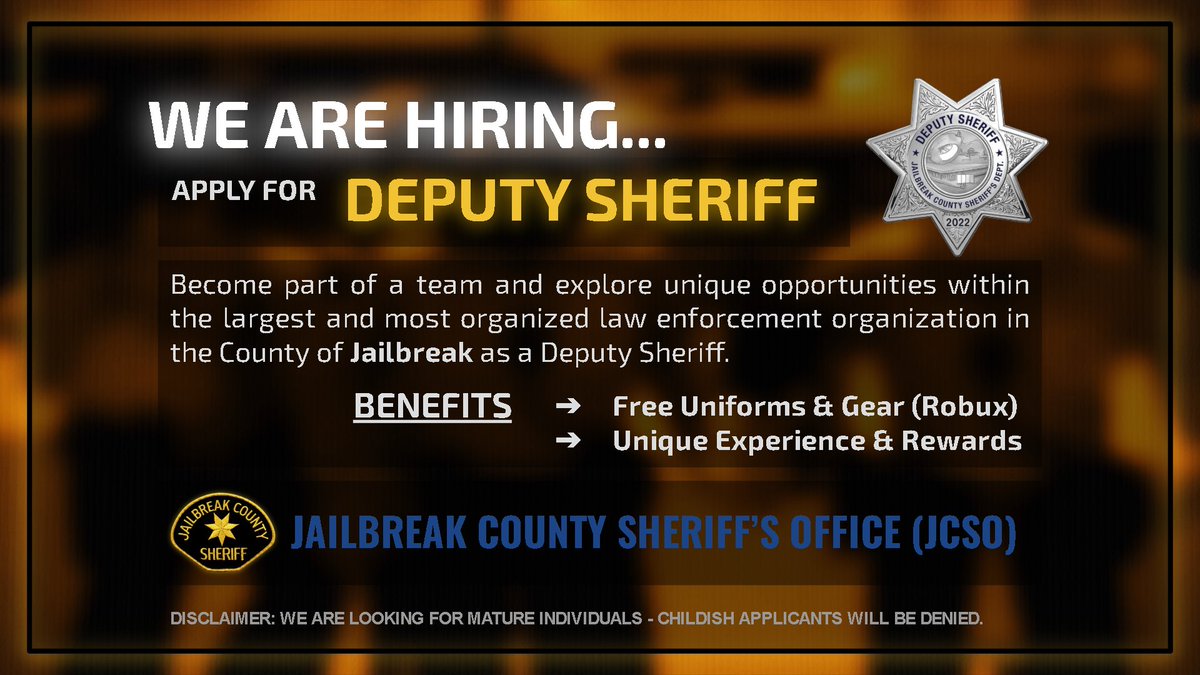JCSheriff22's tweet photo. Say goodbye to chasing criminals alone. Join the Sheriff's Office and keep the peace in Jailbreak with your partners!

To become a Deputy Sheriff or Dispatcher: https://t.co/xurAAHAEw8 https://t.co/tO0hV7GmuG