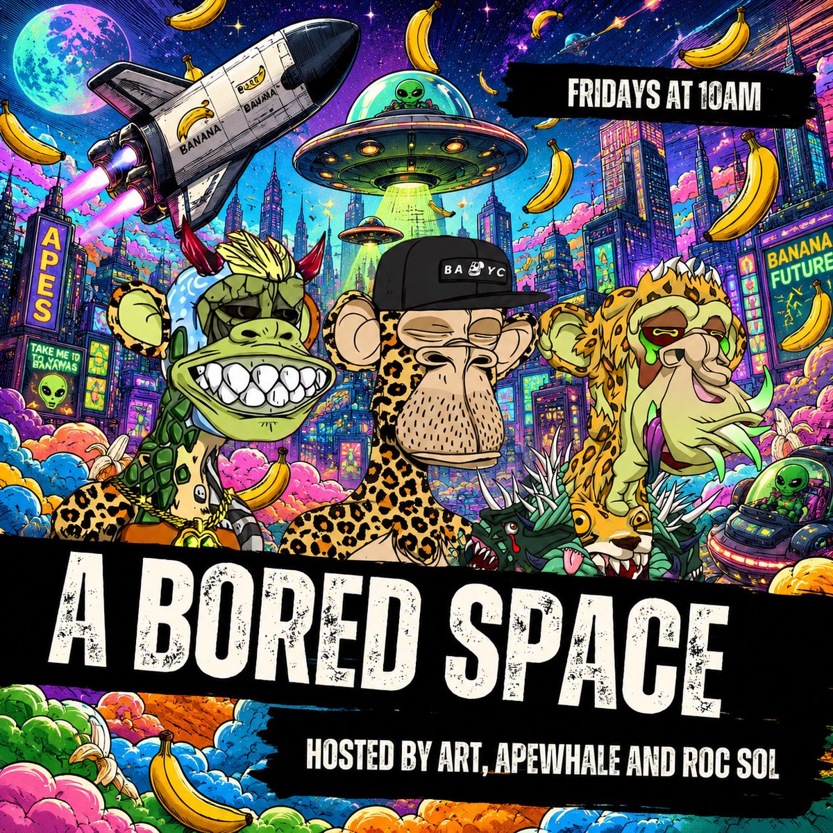 apewhale's tweet photo. A Bored Ape Space with @ArtFrogling &amp; @rocsolmiami

This Friday at 10 AM EST  

Set Reminders below:

https://t.co/w943B5uhZH https://t.co/9kFksgjnk1