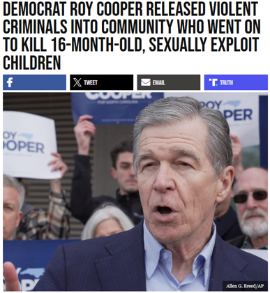 whatleywarroom's tweet photo. Among the 3,500 criminals Roy Cooper released from prison. 3 went on to commit heinous crimes in Catawba County after he let them out.

One man MURDERED his 16-month-old daughter.

One man preyed on children.

One man hit a person with his car and dragged him down the street. https://t.co/nxC2vvaEYp