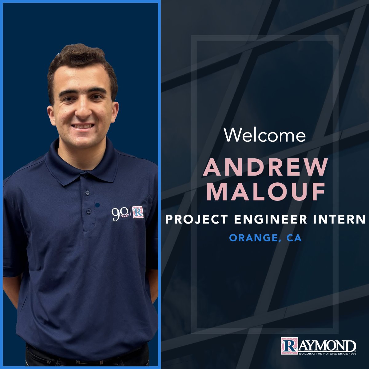 TheRaymondGroup's tweet photo. Andrew Malouf has joined Raymond as a Project Engineer Intern in Orange. Welcome to the team, Andrew! https://t.co/TM6GQ2Q7Y4