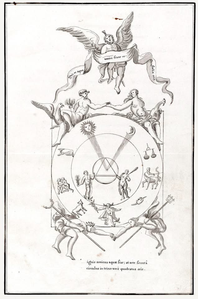 Cloudman176's tweet photo. "Those who desire to unlock the secrets of the circle and to square nature
Should follow this faithful guide presented here.
From fire and water, friends, comes the sun and the moon.
Water comes from fire, and from air springs the earth.
The circle in its trinity will become squared.
When you have mastered the balancing of opposites, both above and below, you will see all and understand all.
These teachings, once hidden, will be revealed to the wise through alchemical means, and the circle, which seemed insurmountable, will appear as a straightforward path."

“Seven Keys of Honoratus Marinier”, c. 1785, MS. Wellcome 3442