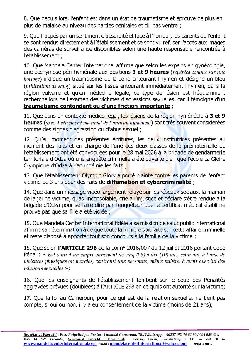 CenterMandela's tweet photo. ALERTE N°187/MC : VIOL D’UNE ENFANT DE 03 ANS: Mandela Center International rappelle aux autorités camerounaises que cette pratique criminelle tolérée au sommet de l’Etat du Cameroun, ne restera plus impunie, quelle que soit la protection dont bénéficient les auteurs. https://t.co/cQycDNF0TU