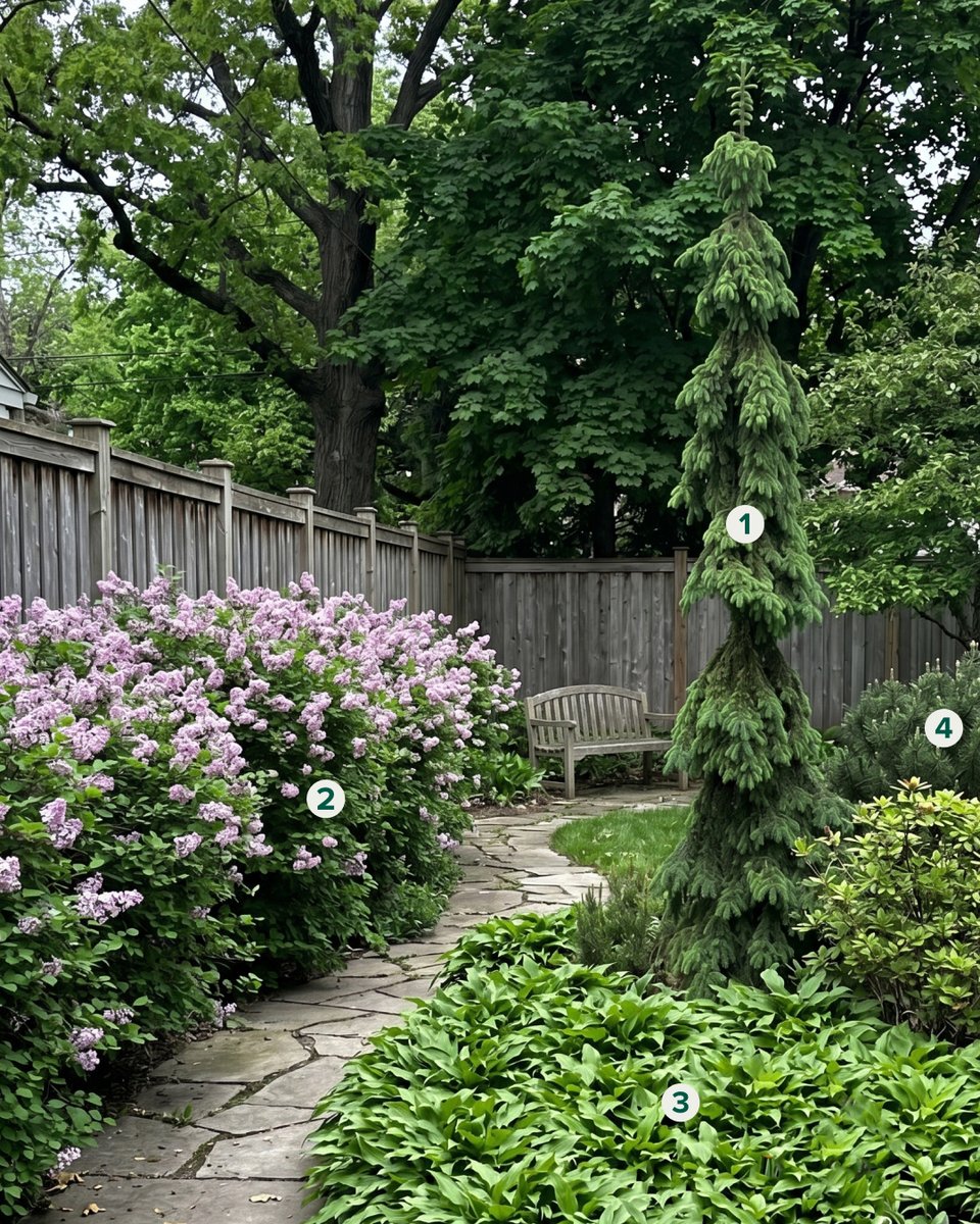 FastGrowingTree's tweet photo. A few thoughtfully-chosen plants can transform a yard. ✨🌳 A weeping white spruce creates drama, lilacs add spring color, hostas create lush texture, and a dwarf mugo pine adds year-round structure.

Save this combo for your next garden project!

#Gardening https://t.co/A8FTvZzkVx