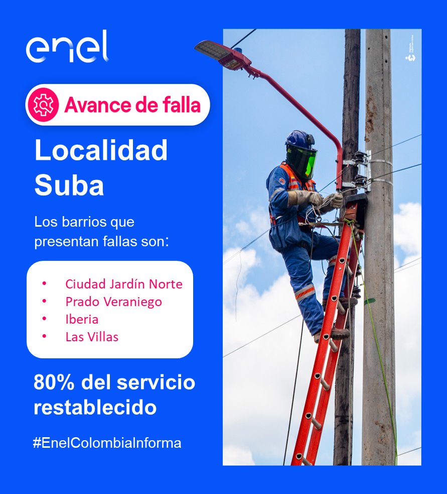 EnelClientesCO's tweet photo. #LocalidadSuba nuestro equipo ha logrado restablecer el servicio al 80% de clientes inicialmente afectados, seguimos trabajando para ti 👨‍🔧⚡ https://t.co/YKknoCv0ZD