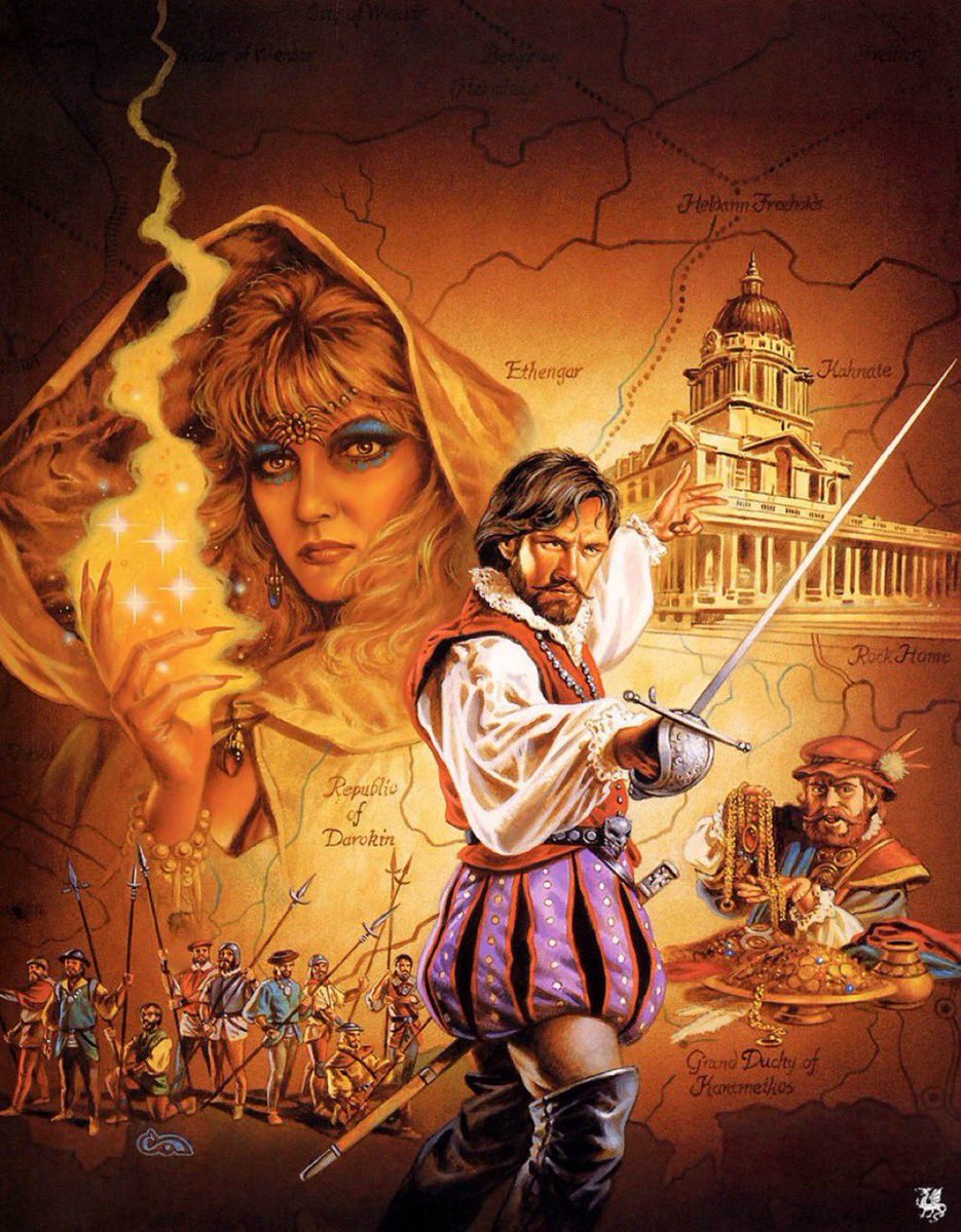 YoDanno's tweet photo. This right here? Peak late era Mystara.

GAZ11 The Republic of Darokin wasn’t just another fantasy kingdom sourcebook.

TSR gave us merchant princes, trade wars, espionage, caravan routes, and political intrigue…

While Clyde Caldwell delivered one of the most unmistakably “1989 fantasy” covers TSR ever published.

Warm candlelight.
Velvet sleeves.
Gold piles.
Maps.
Schemes.
Adventure.

Darokin asked:

“What if the most dangerous weapon in D&D was a contract?”

And somehow, it absolutely worked.