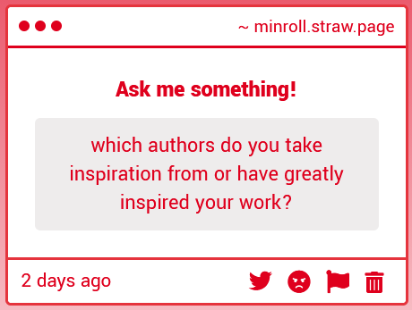 rinmoll's tweet photo. i haven't been reading nowadays so i had to think abt this 🤔 in terms of style, i'd say i take inspo from ocean vuong, richard siken and claire legrand! for plot/story inspo, i wing it tbh 😭😭 and in general, reading poetry and my friends' works have inspired me <3 https://t.co/6519aDFVr8