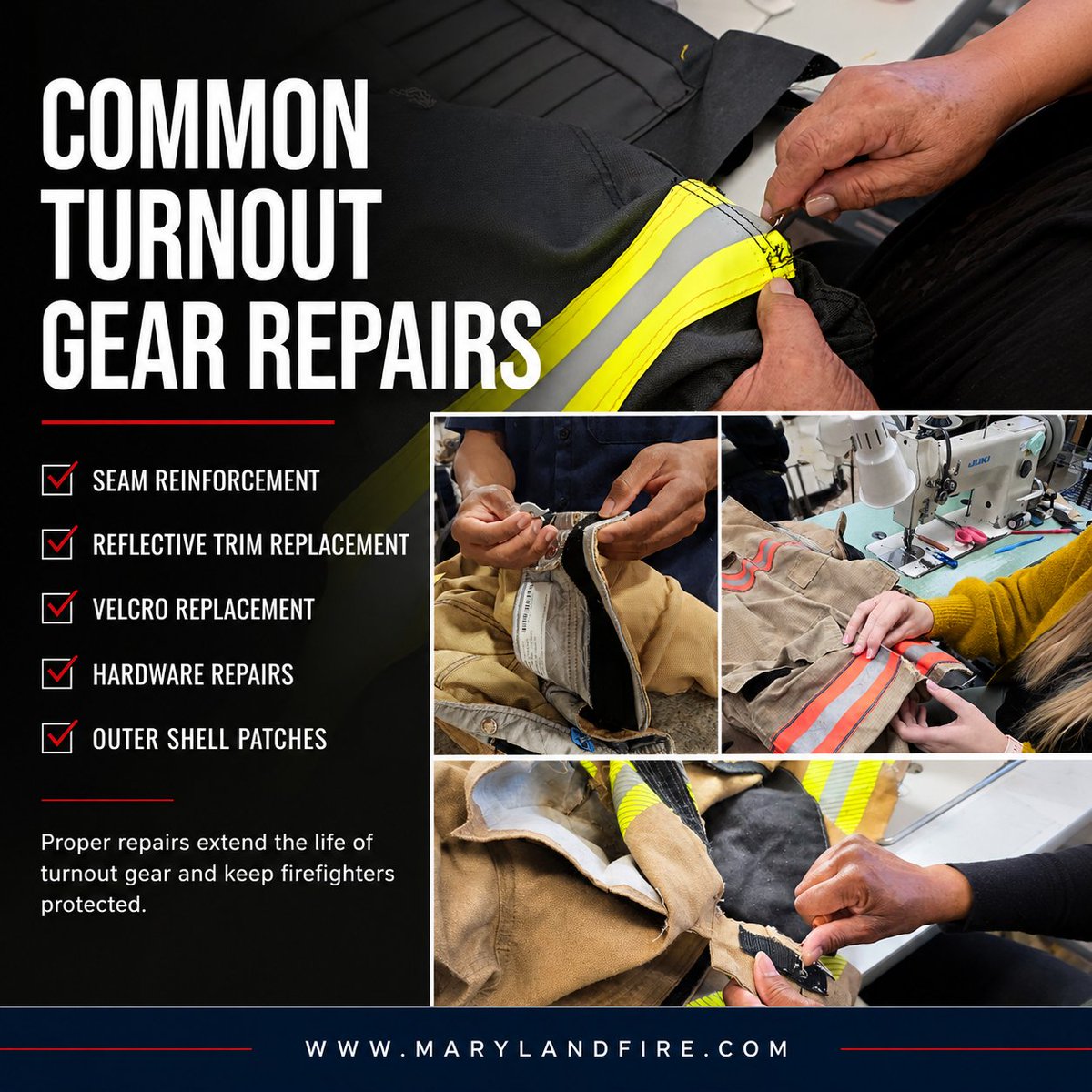 MDFireEquipCorp's tweet photo. Some of the most common PPE repairs we perform include: 
✔ Reflective trim replacement 
✔ Velcro replacement 
✔ Hardware repairs 
✔ Outer shell patches 
✔ Seam reinforcement

Proper repairs extend the life of turnout gear and keep firefighters protected. https://t.co/4BG1yoOk55