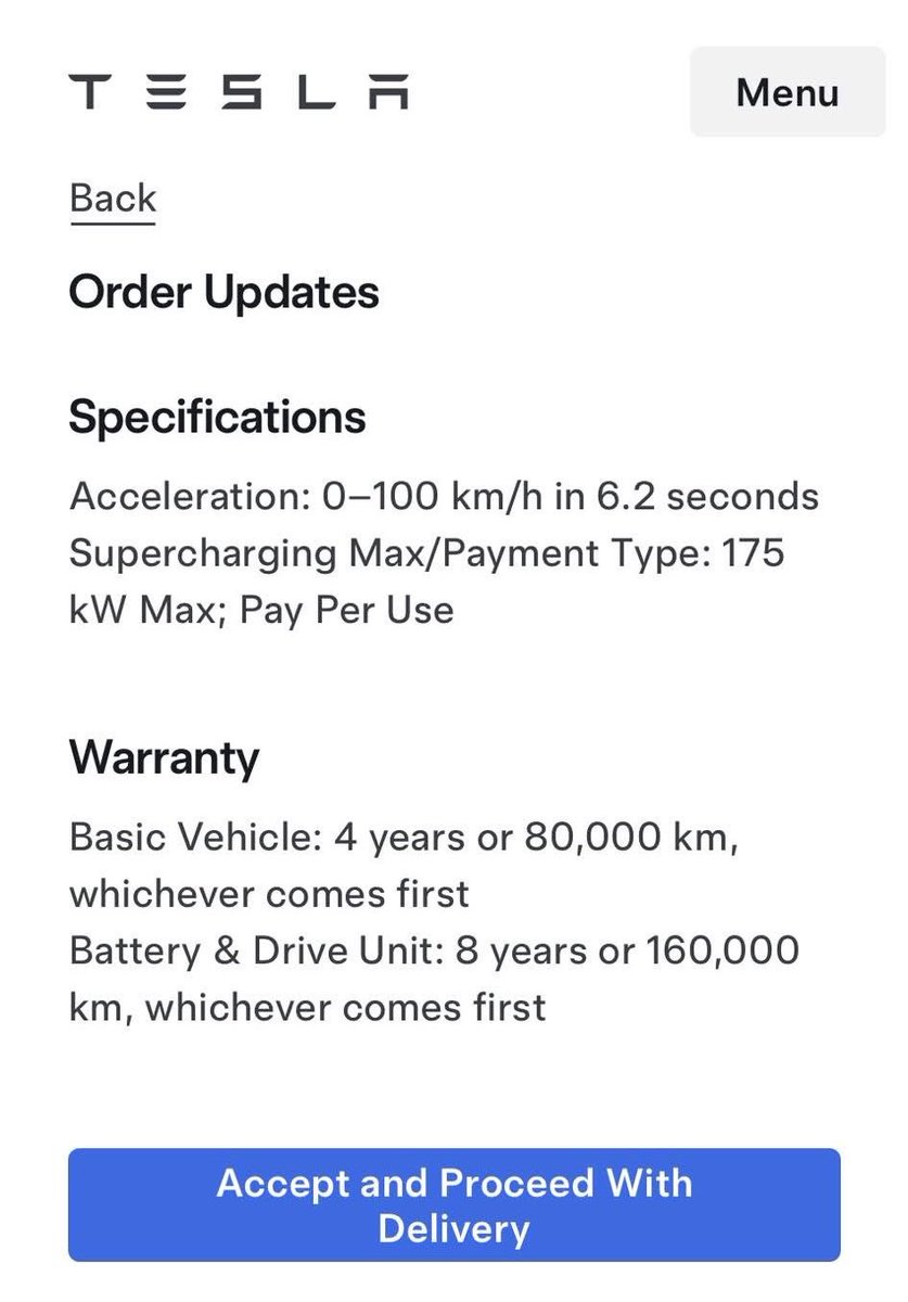 DriveTeslaca's tweet photo. Tesla is now sending out notifications to customers to accept the specification changes to the Model 3 RWD since they placed their order 🇨🇦 

Acceleration - 4.2s to 6.2s
Supercharging - 250kW to 175 kW
Battery warranty - 192,000km to 160,000km

Customers must accept to proceed with delivery. First deliveries are expected as soon as next week. 

Did the basic vehicle warranty also change? I hadn’t heard this before.