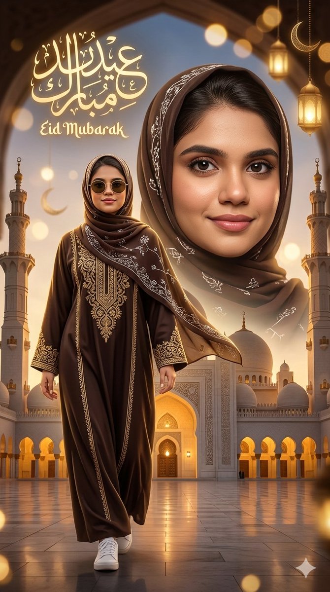 oye_samia's tweet photo. Eid Mubarak! 🌙✨

**Gemini Prompt**
Create a stylized digital composition featuring a young woman (reference image). She appears in two instances within the frame. The main instance is on the left, depicted walking towards the viewer, we garing a dark brown elegant Arabic-style abaya with intricate gold embroidery, a matching flowing hijab with delicate white patterns, white sneakers, and round sunglasses. She has long dark hair (partially visible under hijab), fair to medium skin tone, and a light natural makeup look. A second, larger image of the woman is positioned behind the first, showing a close-up portrait with a calm, graceful smile.
The background features a grand mosque or Islamic architecture with warm golden evening lighting, soft bokeh lights, crescent moon decorations, and hanging lanterns. Elegant Arabic calligraphy reading “Eid Mubarak” appears at the top left in golden glowing text.
Ultra realistic, cinematic lighting, highly detailed skin texture, depth of field, 8K quality, portrait photography style, soft warm tones, vertical composition 9:16.
#eidaladha #eidmubarak #eid #happyeid #eid2026 #عيد_الأضحى