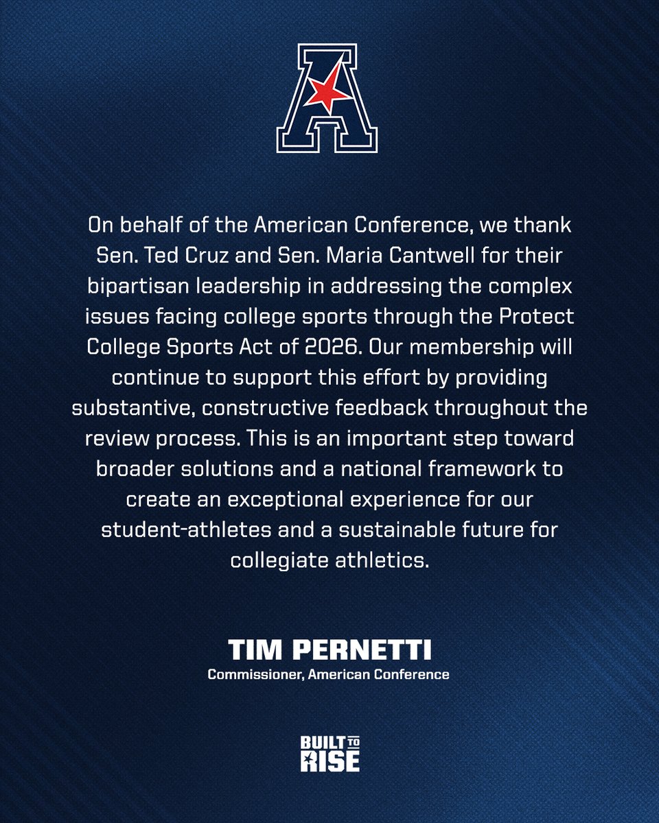 American_Conf's tweet photo. A statement from Commissioner Tim Pernetti on the Protect College Sports Act.

#BuiltToRise https://t.co/tEkU5x1rPA