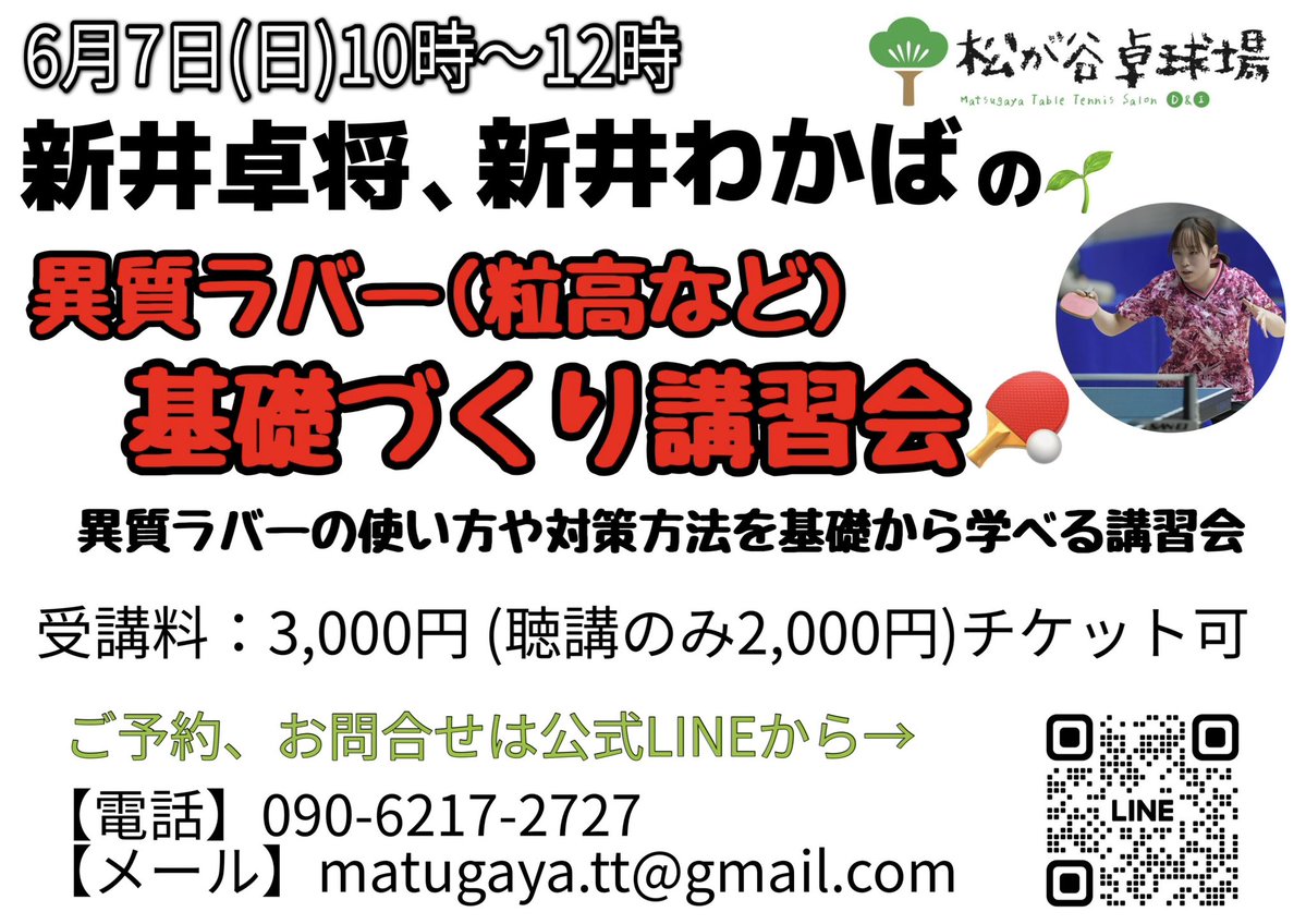 tacshow's tweet photo. 【粒高】異質講習会6/7(日)開催㊙️

6月7日10時〜12時
松が谷卓球場にて粒高講習会を開催🆗

講師は私とわかばコーチ@wakaba_arai_28 、
アシスタントに鹿島コーチ👍

受講料は3,000円(聴講2,000円)

詳細はこちら⬇️
https://t.co/wvyAwOZUWQ
#新井卓将 #新井和夏葉 #粒高 #松が谷卓球場 https://t.co/j9Ck4Lf7qo