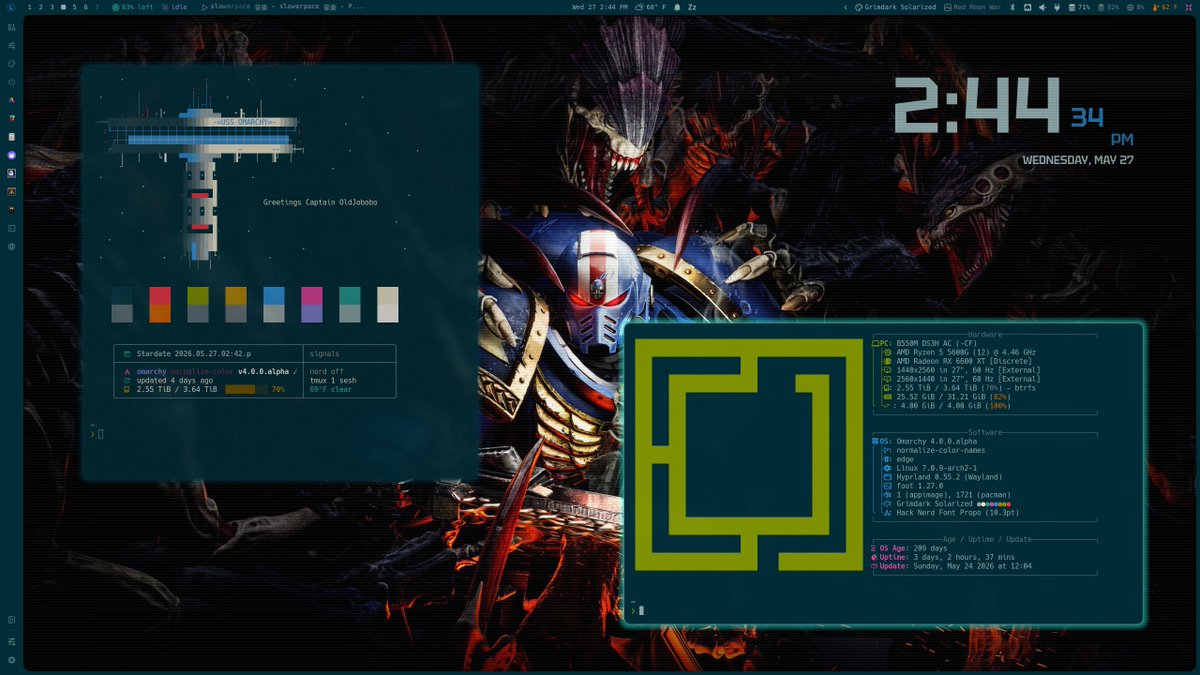 OldJobobo's tweet photo. Updated my Grimdark Solarized theme to improve contrast by switching to the OKSolar colors and barrowing the modernized Terminal ANSI mappings from Selenized.  

omarchy theme install https://t.co/THlOuS7lKy https://t.co/wX1De5cMJu