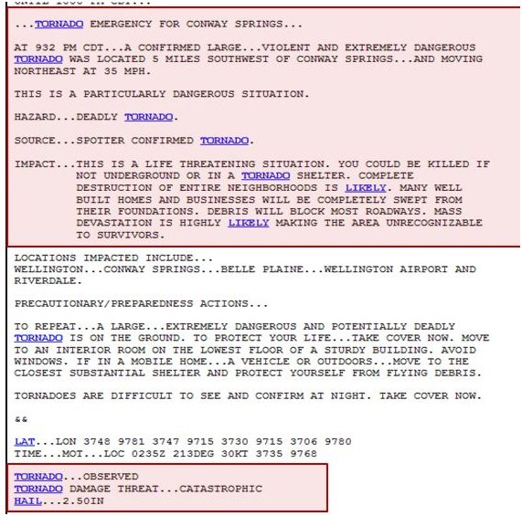 EmiruGoji's tweet photo. @unsterino @HMBohemond This is the closest I found. Im still foggy if I'm thinking of Joplin news broadcast or a written warning statement that stated unsurvivable conditions. This one was for the 2012 conway springs EF-3 https://t.co/M4JKowxhqr
