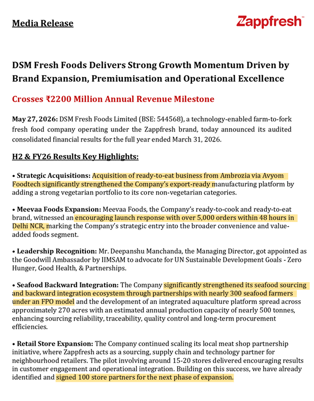 surendrareddyca's tweet photo. #Zappfresh
#DSMFreshfoods
Management commentary:
"FY27 and FY28 are expected to be the years when these strategic investments begin translating into scaled outcomes"
"We have not only delivered our strongest-ever financial performance but also made deliberate, long-term investments in the foundational pillars that will shape the company over the next five years."
1. Inorganic growth:
Strategic Ready-to-Eat (RTE) Acquisition: Acquired the RTE business of Ambrozia via Avyom Foodtech, adding a crucial vegetarian portfolio to its core non-vegetarian offering and strengthening its export-ready manufacturing capability.
Brand Expansion via Meevaa Foods: Launched the Meevaa Foods brand (Ready-to-Cook/Ready-to-Eat), capturing strong initial traction in Delhi NCR with over 5,000 orders within the first 48 hours of launch.
Seafood Backward Integration: Partnered with nearly 300 seafood farmers under an FPO model, establishing an integrated aquaculture platform across ~270 acres (annual capacity of ~500 tonnes) to secure sourcing, improve traceability, and lower long-term procurement costs.
Retail Store Footprint Scaling: Following a successful 15–20 store pilot, the company has signed 100 store partners for the next phase of its local meat shop partnership model, operating as their sourcing and technology partner.
2. Business Mix
Evolving B2B Mix: The B2B segment's contribution rose to ~68% of total revenue in FY26. While its lower-margin profile mildly compressed short-term PAT margins (down 41 bps), it structurally enhances long-term capacity utilization and institutional stickiness.
Diversified Product Portfolio: The company maintains a healthy, balanced protein mix to mitigate category risks: Chicken leads at 50%, followed by Seafood at 27%, and Mutton at 23%.
3. Financial Performance:
Robust Top-line Growth: Total annual revenue crossed the ₹2200 million milestone, coming in at INR 2,208 Mn, representing a massive 69% YoY growth compared to INR 1,307 Mn in FY25.
Strong Operating Leverage: EBITDA grew by 91% YoY to INR 311 Mn, with EBITDA margins expanding by 160 bps to 14.1%, indicating highly efficient scaling despite ongoing investments.
Earnings Expansion: Profit Before Tax (PBT) nearly doubled to INR 232 Mn (up from INR 117 Mn). Profit After Tax (PAT) increased 59% YoY to INR 143 Mn (6.5% margin), though it was temporarily weighed down by a one-time deferred tax charge. Normalised PAT stood stronger at INR 184 Mn.
Accelerating H2 Momentum: Revenue grew ~50% sequentially in H2 FY26 to INR 1,250 Mn (vs. INR 959 Mn in H1), showing a strong acceleration in business momentum in the latter half of the year
Cashflows are very weak at the moment as management focussing on growth first
Company is trading at very attractive levels and doesn't move from IPO price. Only profitable company in this Industry at the moment.
Licious IPO expecting in this year, may rerate this company