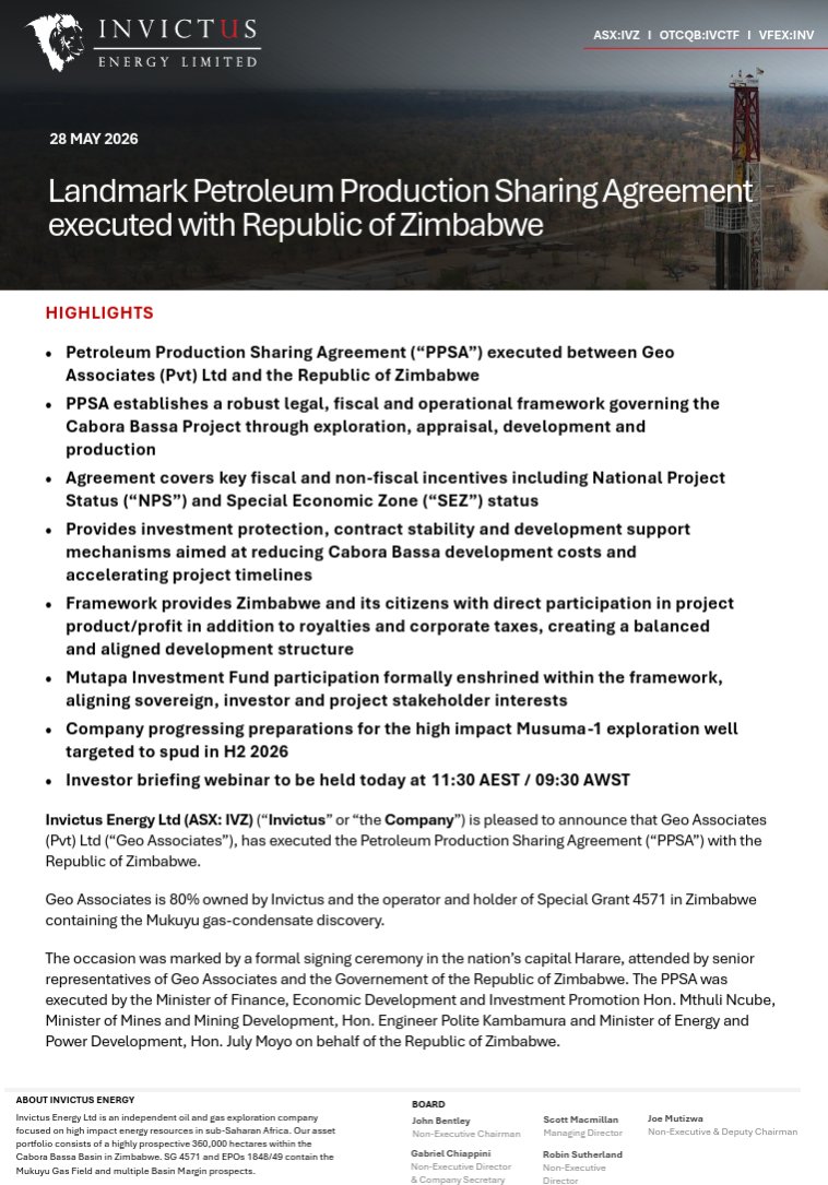 Sagitar01's tweet photo. $IVZ ✨Landmark Petroleum Production Sharing Agreement signed!!! ✨

Well done @scott_mac_zw 👏 This is a big step forward for Invictus Energy. Next up, partnerships... https://t.co/D3UmR1rm82