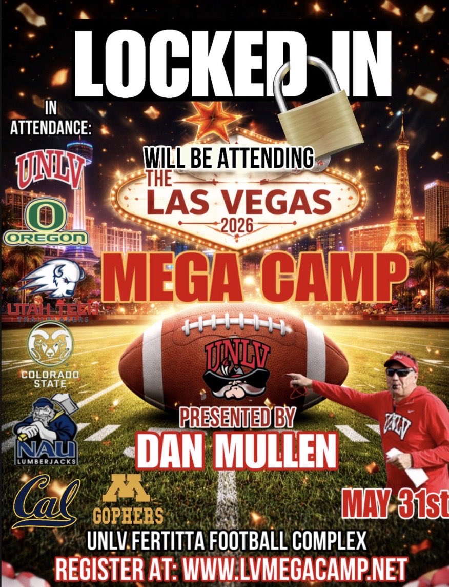 StevenBlock2028's tweet photo. Exited to be at @lvmegacamp this weekend! Looking forward to meeting new coaches! @unlvfootball @YoungPapaBrock @Coach_Ramer @chaparralpumafb @CoachDeeWR @coach_jpayne @CoachDanMullen @M_Bure @CoachBamAmina https://t.co/LLpoxSOk9X