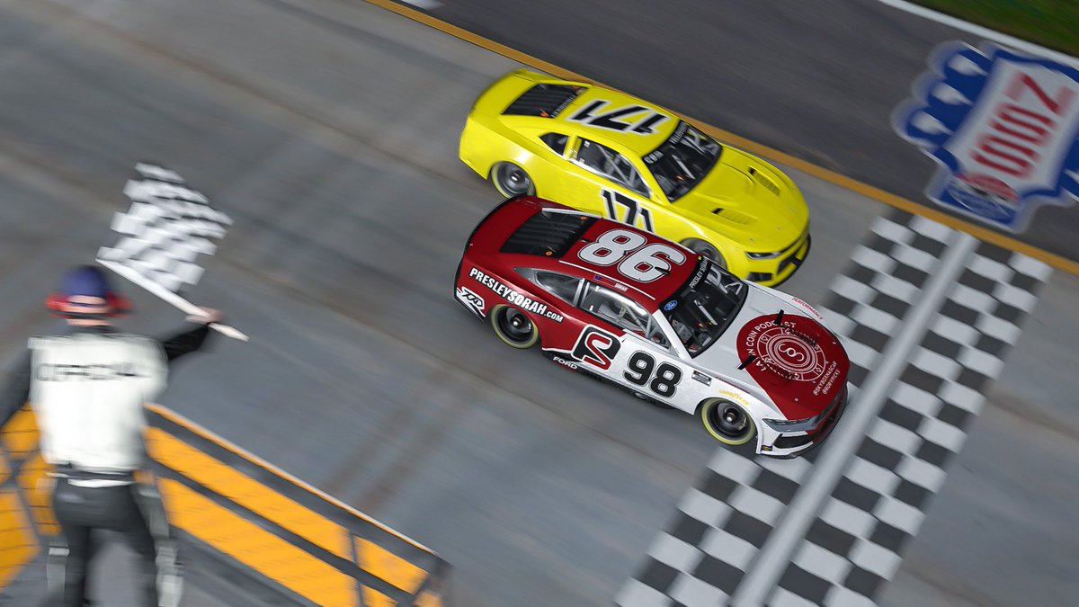 PresleySorah's tweet photo. .@CreatorSeriesGG W!!!!!!! 🏆 🏁 

First start ➡️ first win in the @iRacing Creator Series NASCAR season! Side by side and banging doors for the last 2-3 laps, nosed it out by 0.019 at the stripe. Fantastic race and even better finish. Honored Rowdy on lap 18 too🤘

#Sim2Reality https://t.co/WdPY4v5AEA