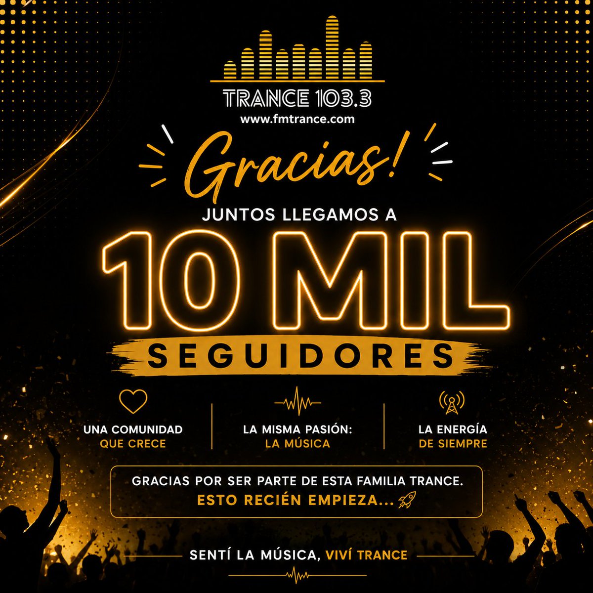 fmtrance's tweet photo. ✨ ¡YA SOMOS 10 MIL! ✨

Queremos agradecerles a todos los que forman parte de esta locura llamada FM Trance 103.3 💛

Gracias por acompañarnos en este camino.
Esto recién empieza… 🚀

📻 FM Trance 103.3
🌐 https://t.co/KlDlfGCGVi

#Trance1033 #FMTrance #Radio #MusicaElectronica https://t.co/uPJ93zx3YR
