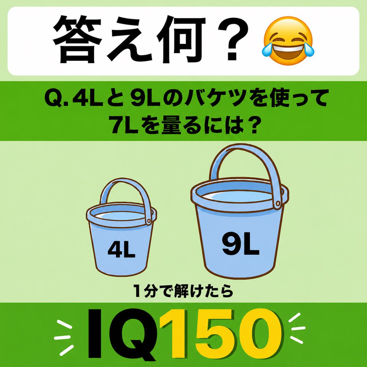 roentgenryu's tweet photo. 「4Lと9Lのバケツで7Lを作れ」

数学的な正解はある。
でもオレは

「9L満タンにして、4Lバケツで半分くらいすくえば約7L」

って考える。

もちろん正確じゃない。
でも、本当に7Lピッタリが必要なら、そもそももっと精密な機械を使うはず。

世の中って

正しいけど遅いより

多少荒くても動ける人の方が強い

SCOREも、もうすぐ1年。

でも、始める前に今の現実や苦労を全部知っていたら、多分できなかった。

知りすぎると、人は足を止める。

何も持ってない状態で、最初から法人でこの規模の店を作るなんて、今思えば正気の沙汰じゃない。

知り合いの経営者には、

「会社潰す事になったら相談乗ってやる」

って言われた。

いらねぇよ。

たぶんオレはこれからも、だいたい合ってるで突き進むだろうな。

みんなは知りすぎて動けなくなった経験、ある？